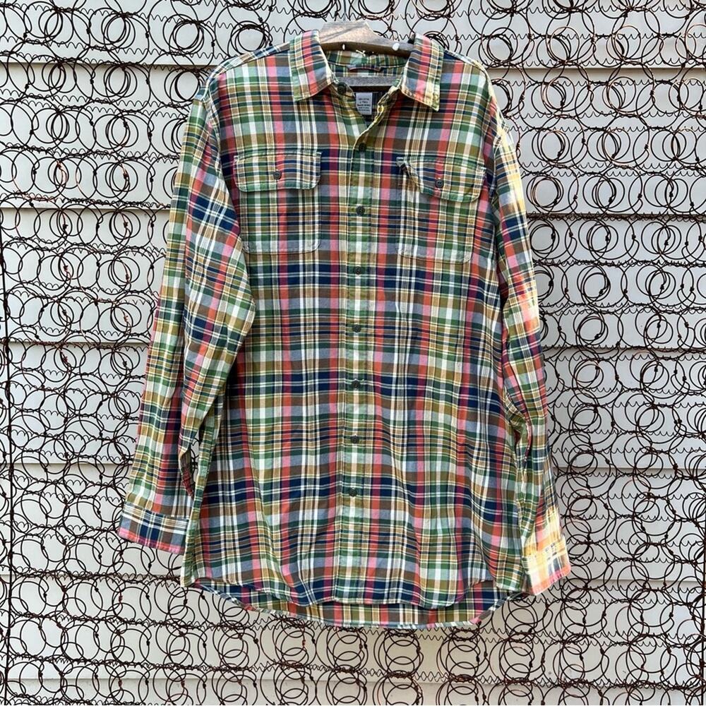 LL Bean long sleeve button front plaid brushed cotton flannel shirt coral green